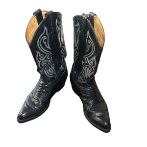 TONY LAMA Men/Women Black Leather Ostrich Western Leg Boots 7.5 D USA made